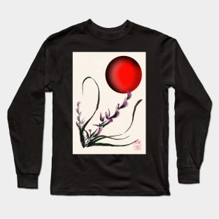 Sumi-e orchid with red rising sun Long Sleeve T-Shirt